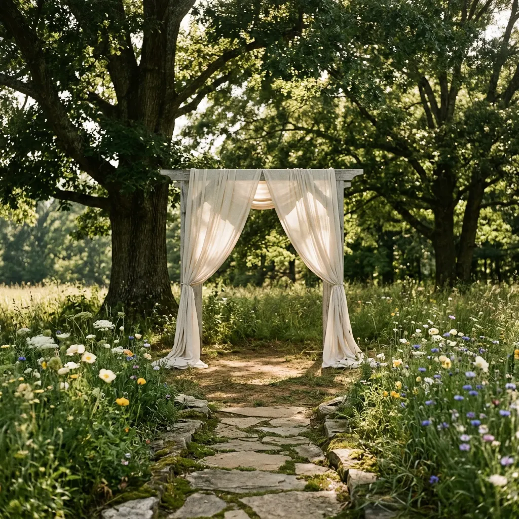 Imagined outdoor ceremony with light fabric beneath trees; inspiration imagery, not a listed rental item