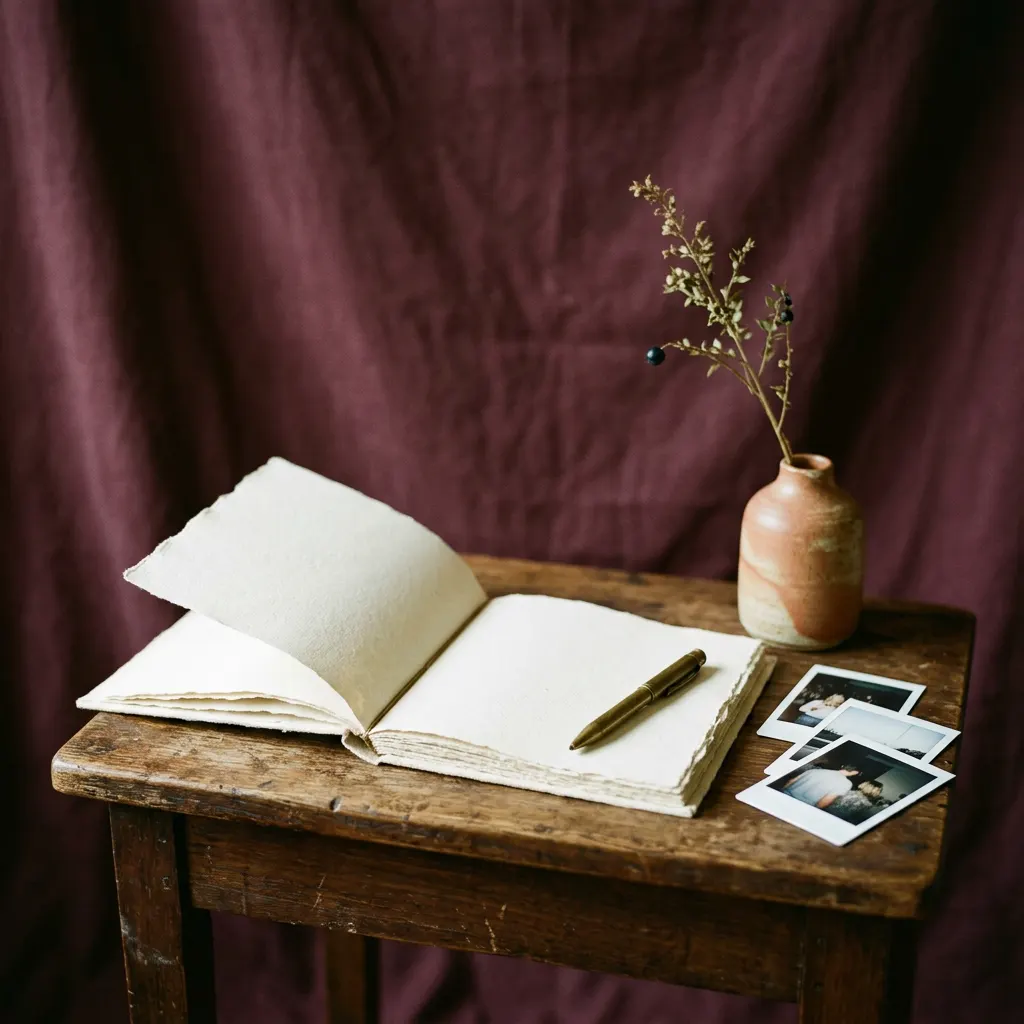 Imagined guestbook vignette with open paper book and photographs; inspiration imagery, not a listed rental item