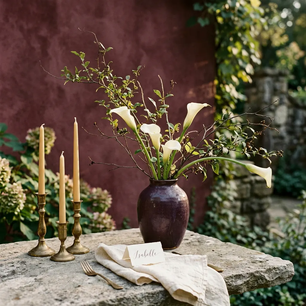 Conceptual wedding styling still life with flowers, linen and candlesticks