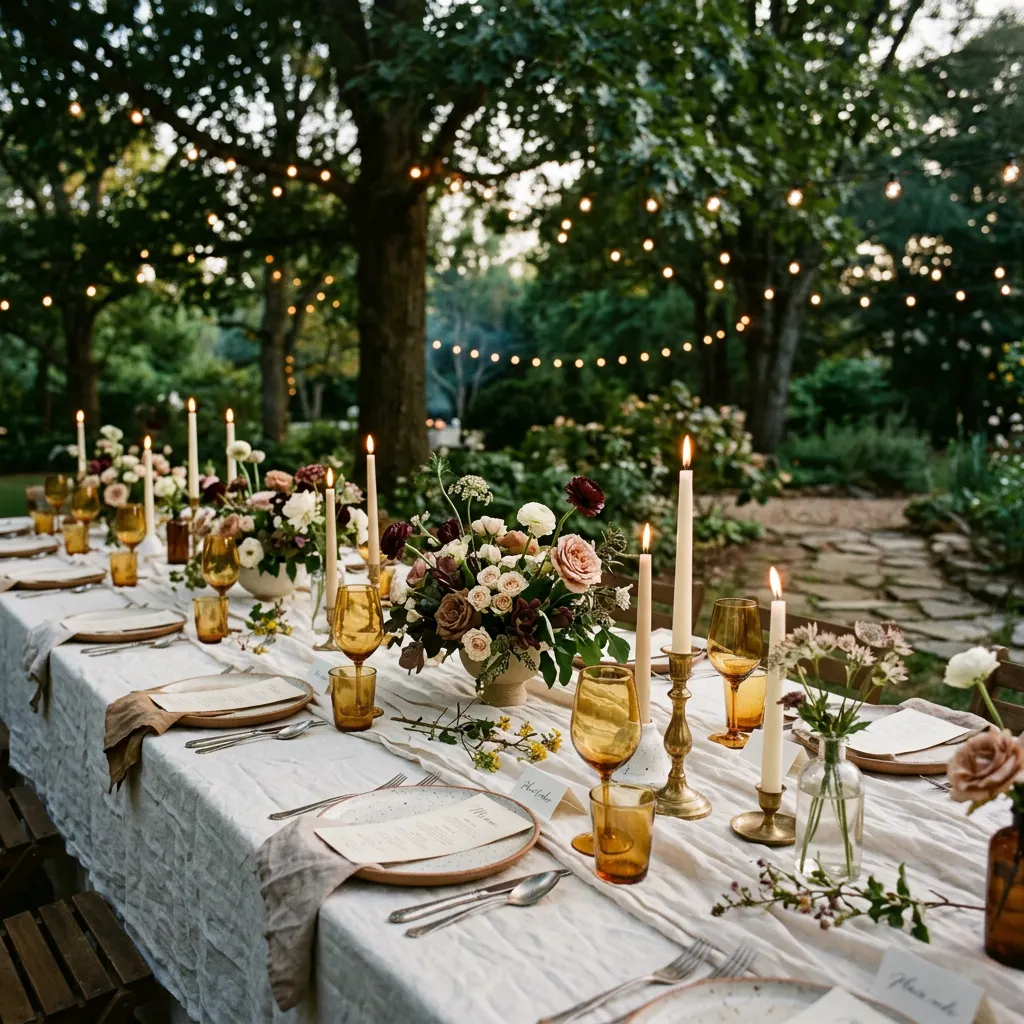 Imagined outdoor dinner table with flowers, linen and candlelight; inspiration imagery, not listed rental items